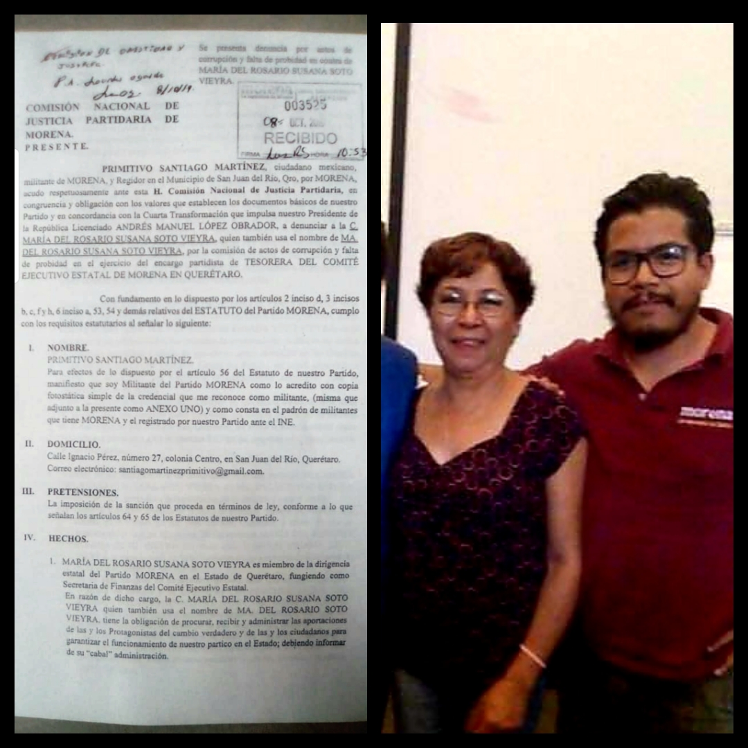 Regidor de Morena denuncia presunta corrupción de tesorera del partido en Querétaro.