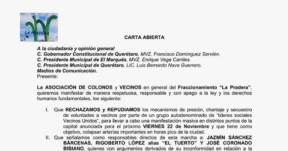 Vecinos de La Pradera envían carta al Gobernador Pancho Domínguez.