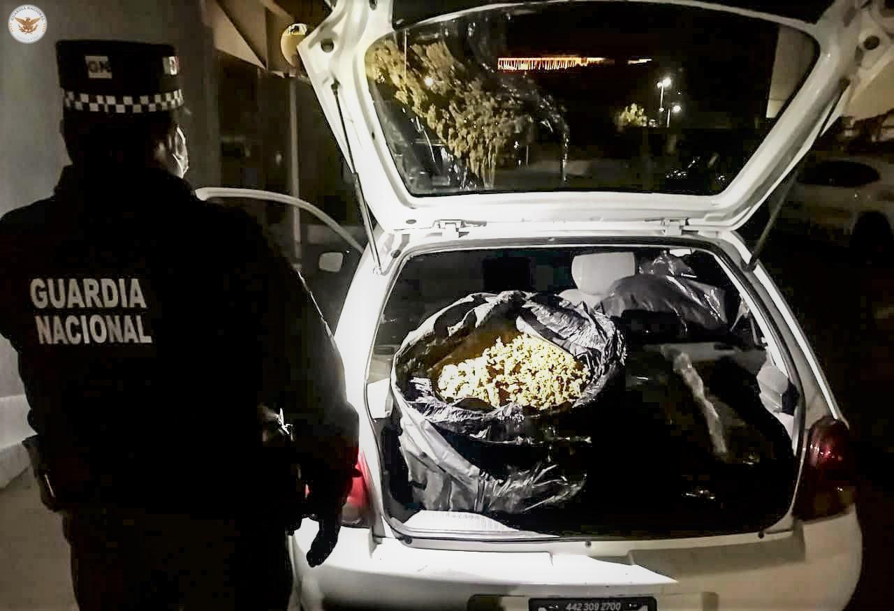 Transportaban en su coche 45 kilos de mariguana; fueron detenidos en Querétaro por la Guardia Nacional.