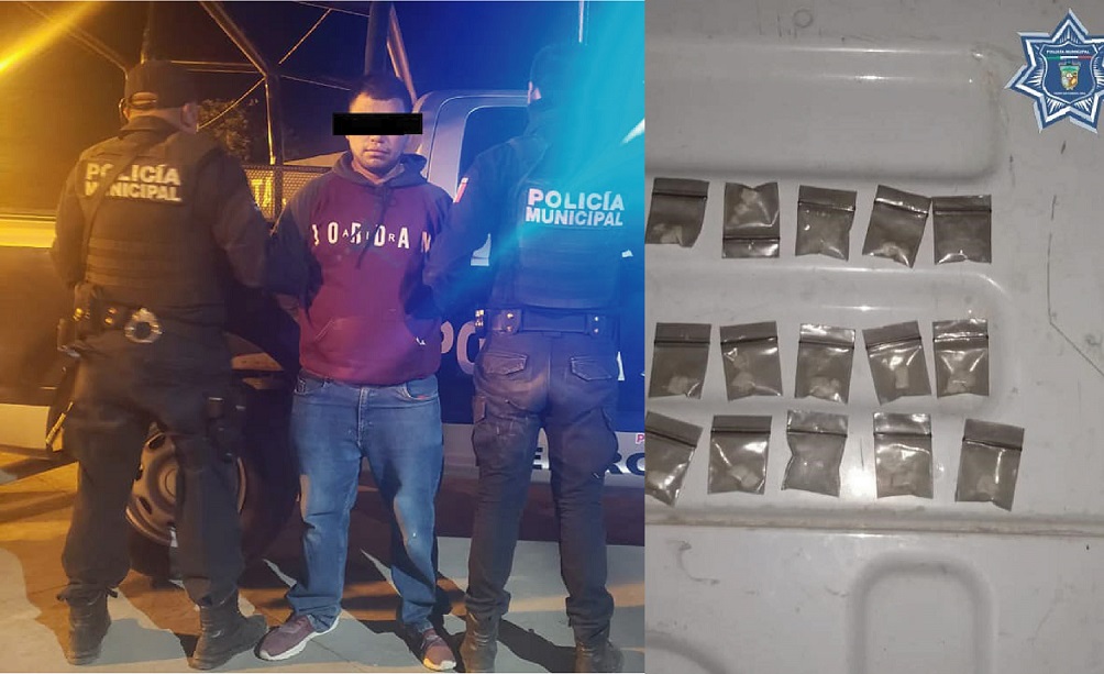 Policías de Pedro Escobedo detienen a José N con 15 envoltorios de presunta droga.