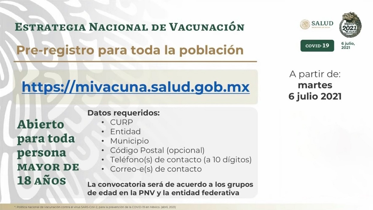 Inicia registro para vacunar contra COVID-19 a mayores de 18 años.