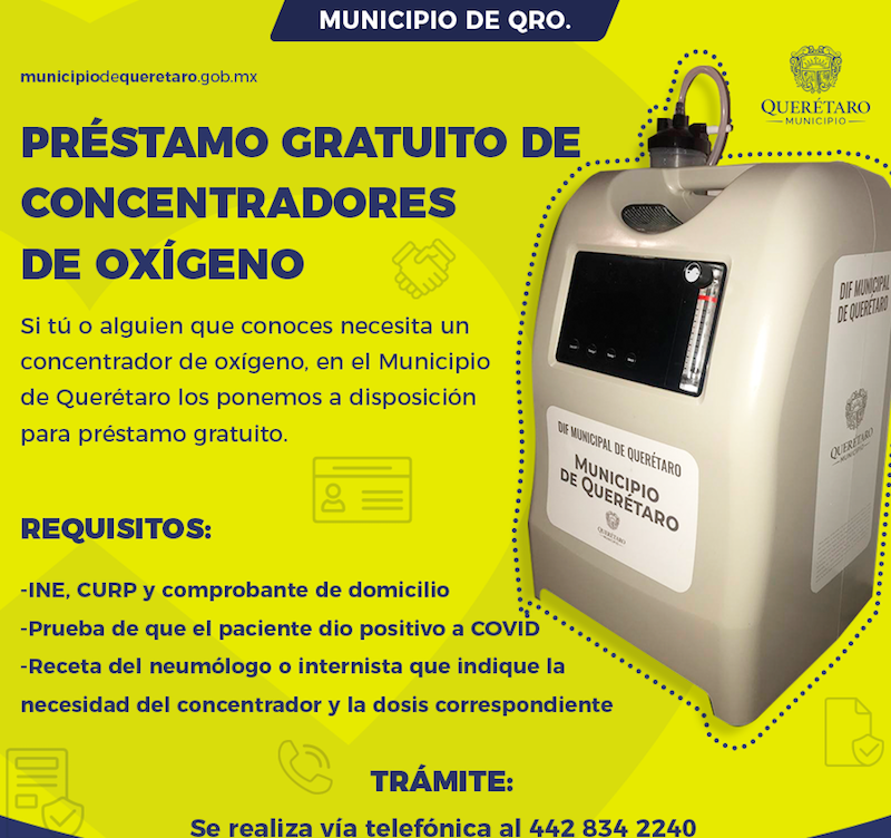 En Querétaro Capital continúa el préstamo gratuito de concentradores de oxígeno