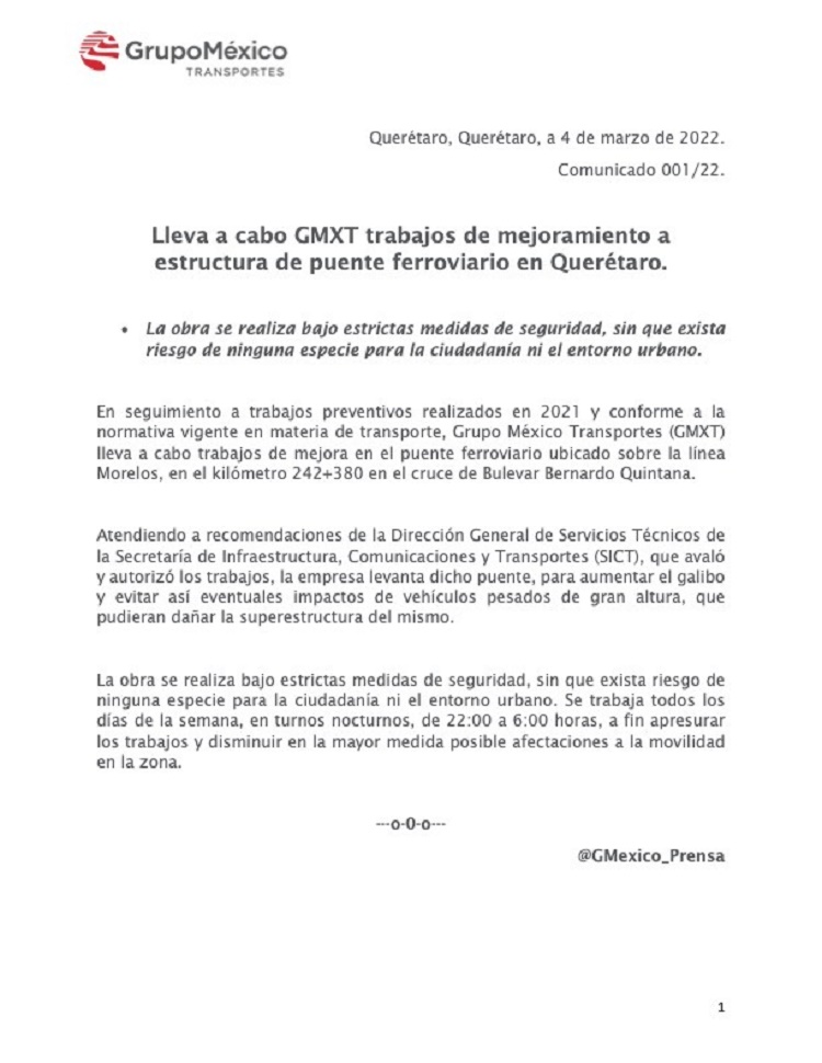 Se realizan trabajos de mejoramiento a puente ferroviario en Querétaro