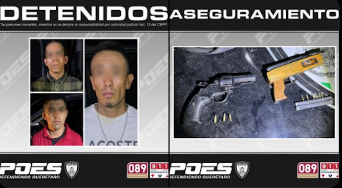 Tres sujetos detenidos Ezequiel Montes, Querétaro; traían armas de fuego.